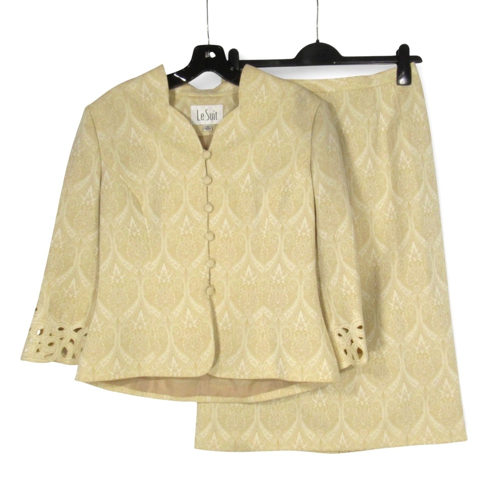 LE SUIT Gold/Cream JACQUARD Eyelet Detail BUTTON Jacket/Skirt OUTFIT Suit Set 10